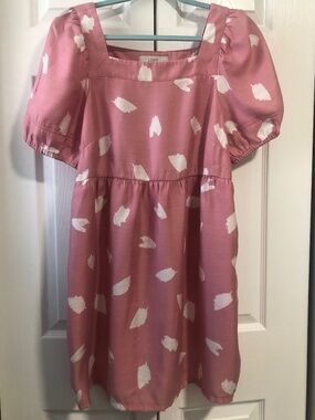 LOFT Petite Large Pink Floral Puff Sleeve Dress Square Neck Fit Flare Mini LP